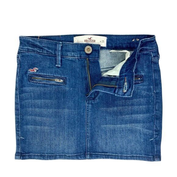 Hollister Vintage Denim Mini Skirt Women 25 Blue Medium Wash Pockets Modest Chic - Picture 2 of 11